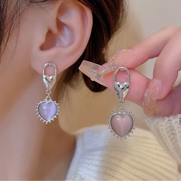 Pink Heart Silver Drop Earrings - Picture 3 of 14